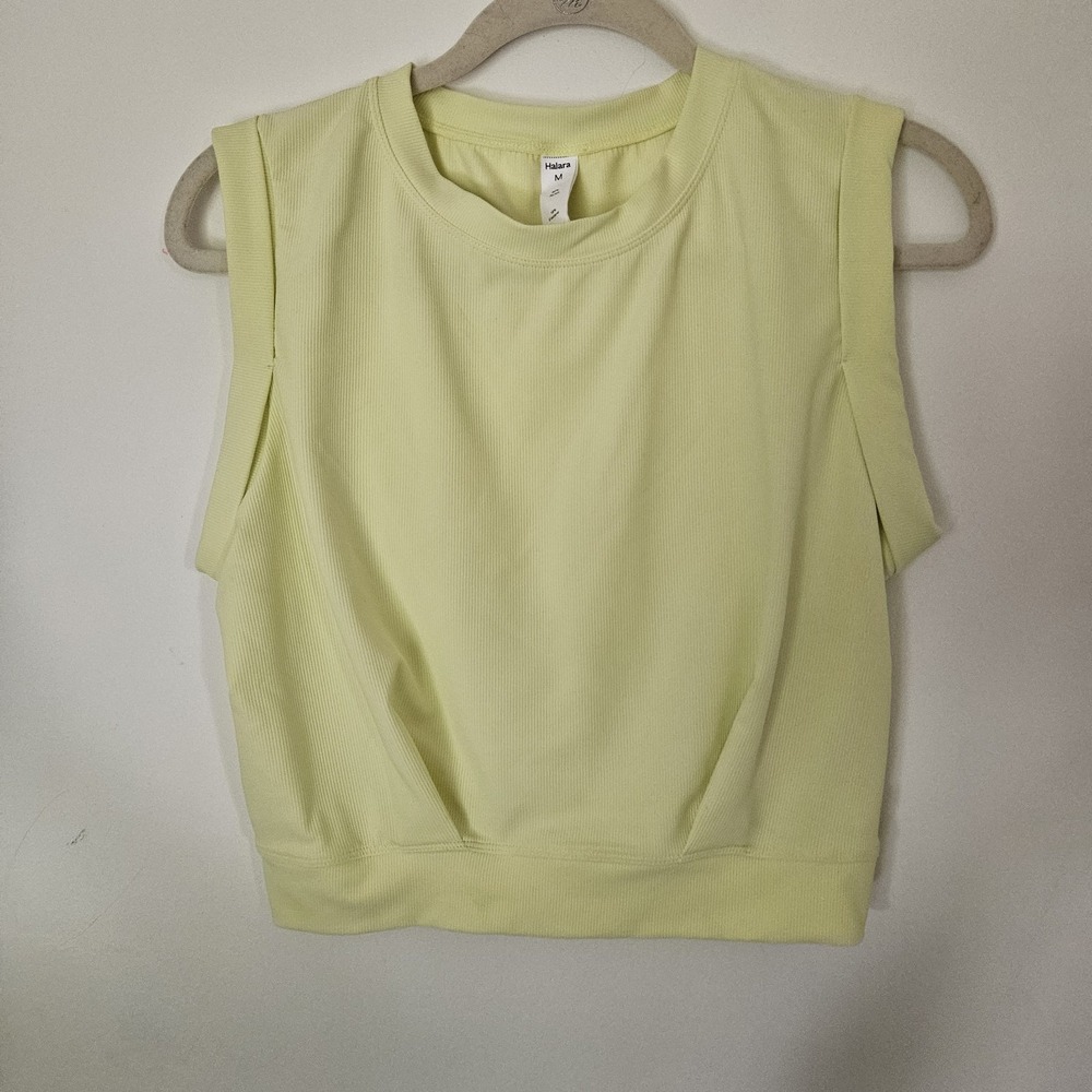 Halara Patitoff Ribbed Muscle Tank Top Womens Medium Yellow Athletic Crop Ruched
